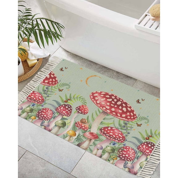 Mushroom Bath Rug 2x3ft Woven Bathroom Entryway Runner Rug,Sage Green Butterfly Moon Eucalyptus Leaf Washable Living Room Hallway Bedroom Kitchen Carpet with Tassels,Indoor Outdoor Throw Doormat