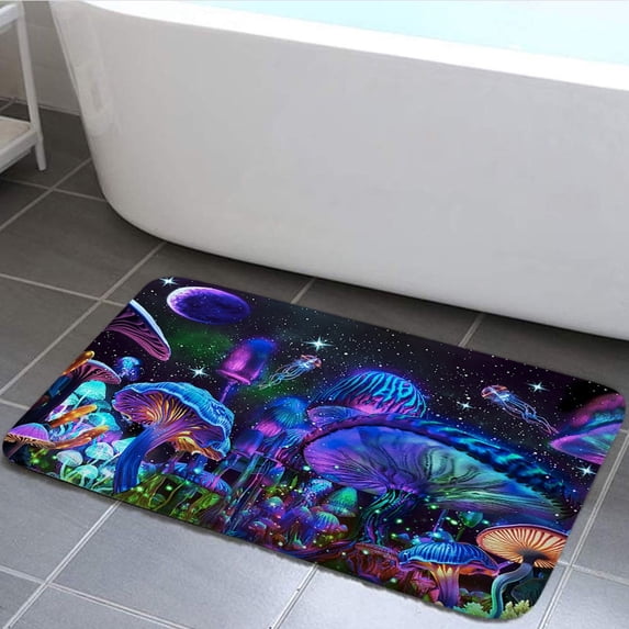 Mushroom Bathroom Rug, Fantasy Mushroom Non Slip Soft Bath Mat, Moon and Star Galaxy Space Bath Rugs for Bathroom Living Room Bedroom Kitchen Indoor for Home Decor 17X29in