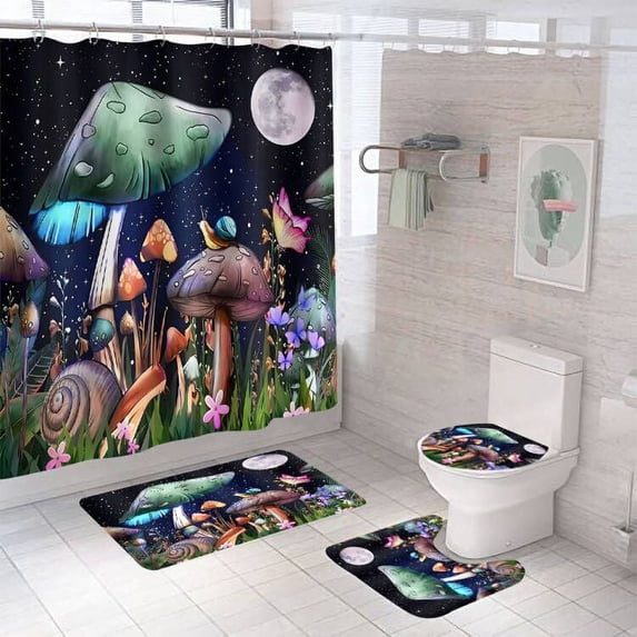 Mushroom Bathroom Shower Curtain Set with Non-Slip Rugs, Toilet Lid Cover and Bath Mat, Moon and Stars Shower Curtain with 12 Hooks, Durable Waterproof Shower Curtains for Bathroom Decor