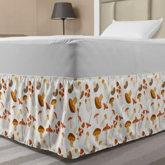 Mushroom Bed Skirt, Repetitive Rural Nature Elements on Plain Background Pattern, Elastic Bedskirt Dust Ruffle Wrap Around for Bedding Decor, 4 Sizes, Vermilion Pale Orange, by Ambesonne
