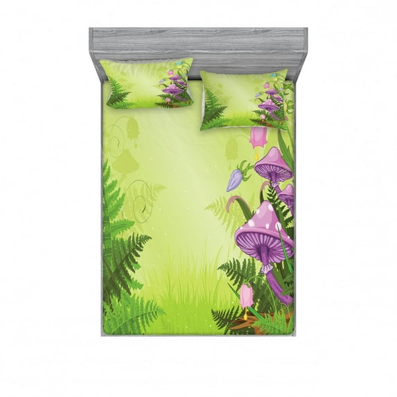 Mushroom Bedding Set with Sheet & Covers, Magic Landscape with Mushrooms Flowers in the Fresh Forest Ferns Cartoon Print, Printed Bedroom Decor 2 Shams, 4 Sizes, Green Purple, by Ambesonne