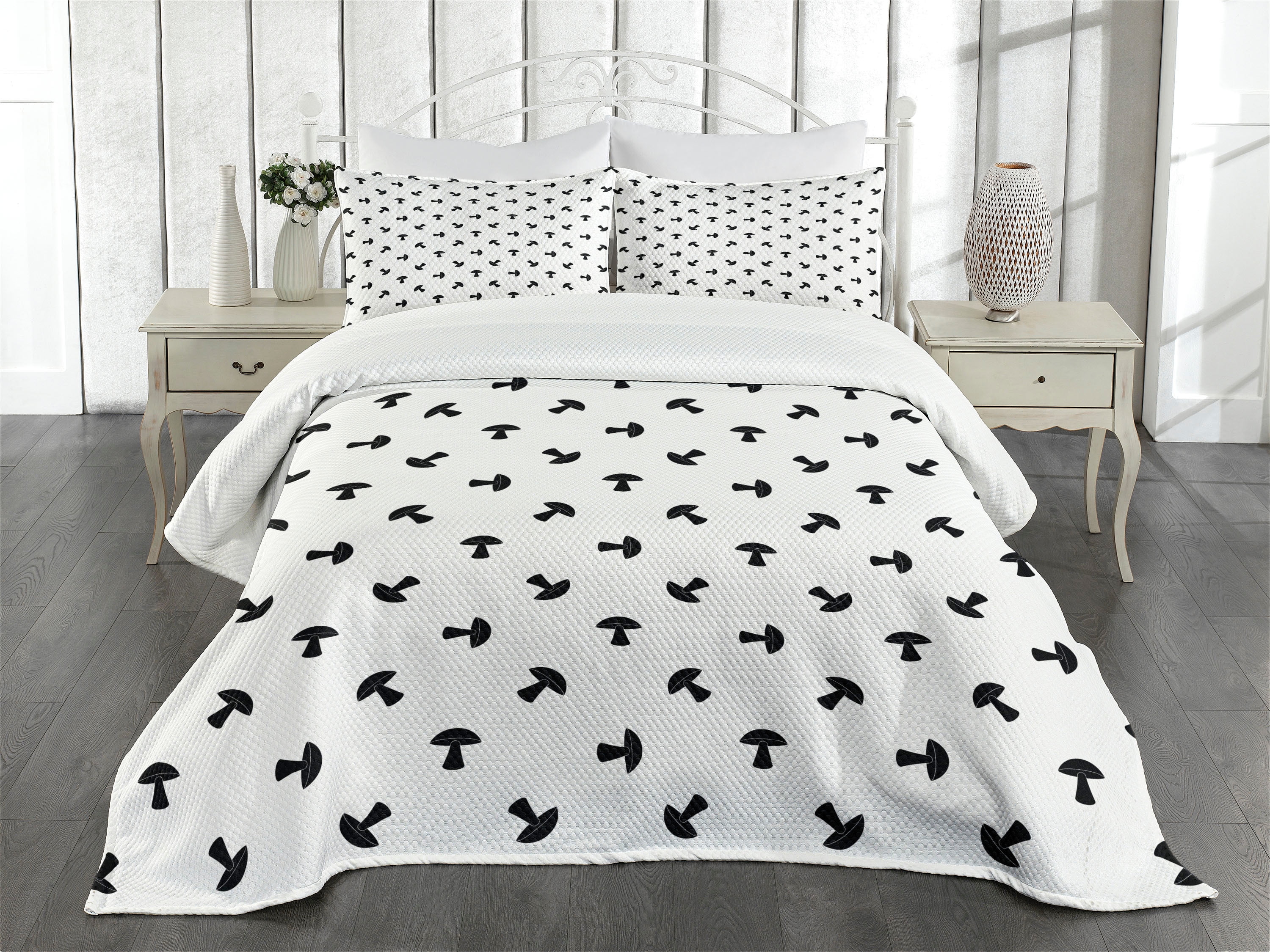 Mushroom Bedspread Set Queen Size, Stylized Modern Birch Mushrooms in