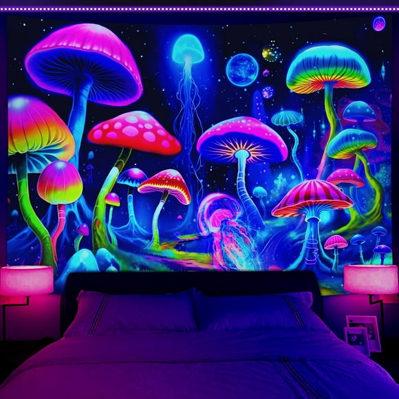 Mushroom Blacklight Tapestry, Trippy UV Wall Hanging Tapestry for Bedroom, Psychedelic Colorful Jellyfish Mushroom Aesthetic Tapestry Decor for Living Room,60X40in