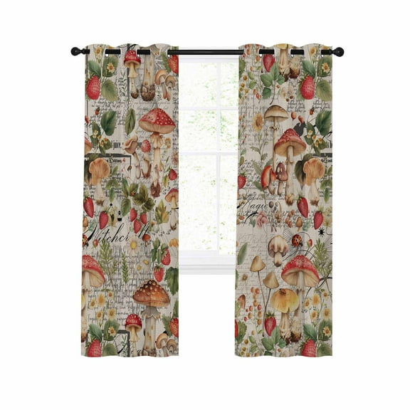 Mushroom Blackout Curtains 39 Inches Long for Bedroom,Pastoral Summer Botanical Watercolor Spring Floral Thermal Insulated Room Darkening Black Out Curtain Panels Grommet Drapes for Living Room