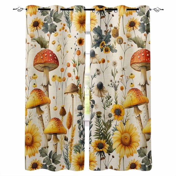 Mushroom Blackout Curtains for Bedroom/Living Room, Thermal Insulated Kitchen Curtains, Sunflowers Spring Floral Summer Botanical Grommet Darkening Window Treatment Drapes 52"x72"x2