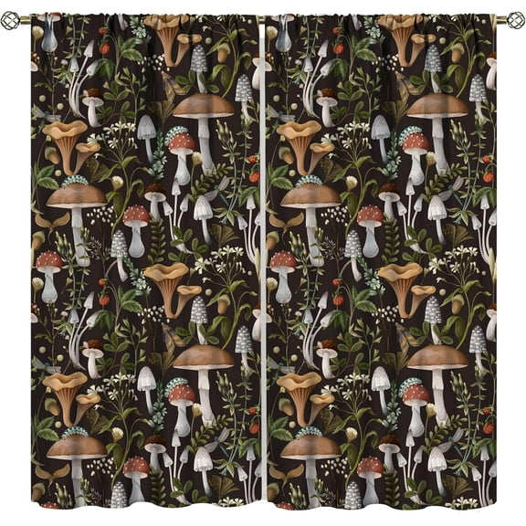 Mushroom Blackout Curtains, Colorful Cartoon Style Abstract Illustration Print Window Treatments for Living Room, Mushroom Seamless Pattern Curtain 2 Panel, 52x84 Inch