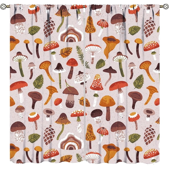 Mushroom Blackout Curtains, Colorful Cartoon Style Abstract Illustration Print Window Treatments for Living Room, Mushroom Seamless Pattern Curtain 2 Panel, 42x54 Inch