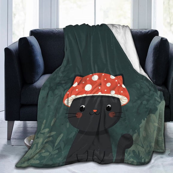 Mushroom Blanket Black Cat Red Toadstool, Soft Cozy Fleece Throw For Couch And Bed, Whimsical Nature Theme Decor 50x40