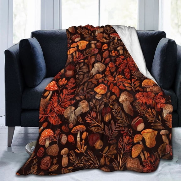 Mushroom Blanket Botanical Autumn Fungi Cottagecore Forest Leaves Throw For Couch Bed Farmhouse Decor 50x40
