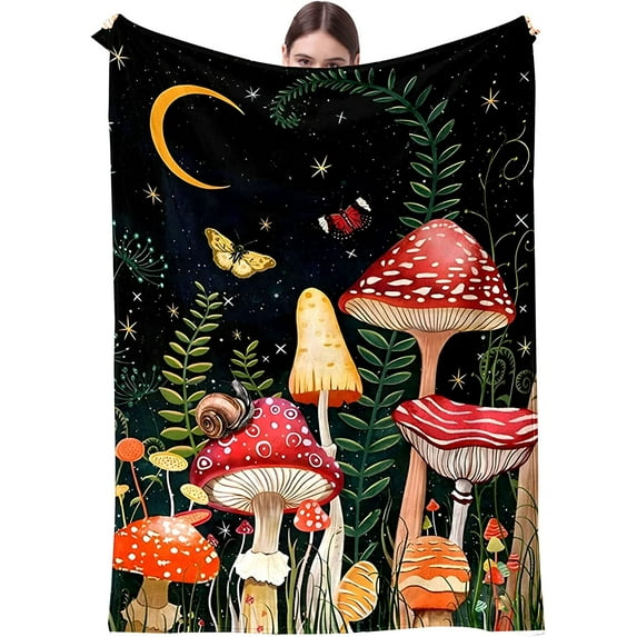 Mushroom Blanket Butterfly Botanical Soft Throw Blanket for Couch Sofa Bed Mushroom Gifts Decor (Mushrooms Moon, 60x50in)