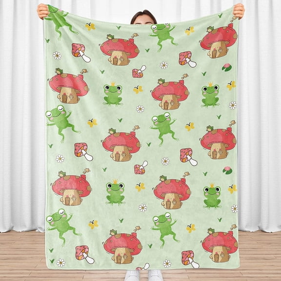 Mushroom Blanket, Cartoon Blanket Throw Gifts for Mushroom Lovers, Soft Lightweight Mushroom Frog Flannel Blanket, Green Cozy Fuzzy Plush for Boys Girls, Sofa, Bed, Living Room, Office, 40"x50"