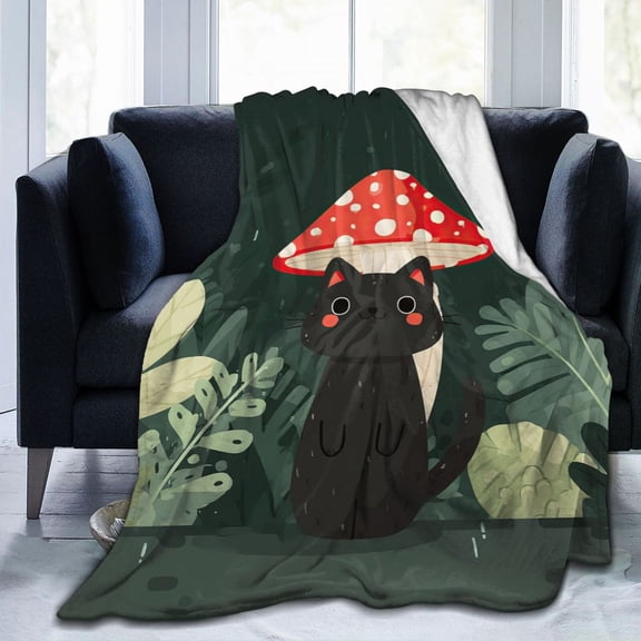 Mushroom Blanket Forest Cat Cottagecore Style, Lightweight Plush Flannel Throw, Artistic Green Woodland Bedding Accent 50x40
