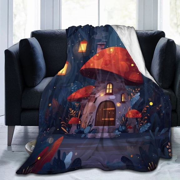 Mushroom Blanket House Lanterns Fairy Night Forest, Soft Cozy Fleece Throw For Couch And Bed, Aesthetic Whimsical Home Decor 50x40