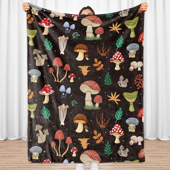 Mushroom Blanket, Plant Blanket Throw Gifts for Mushroom Lovers, Soft Lightweight Mushroom Decor Flannel Blanket, Black Cozy Fuzzy Plush for Adult Teens, Sofa, Bed, Living Room, Office, 50"x60"