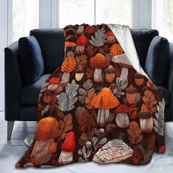 Mushroom Blanket Retro Woodland Fungi Pinecone Fall Throw For Living Room Camper Cabin Decor 50x40