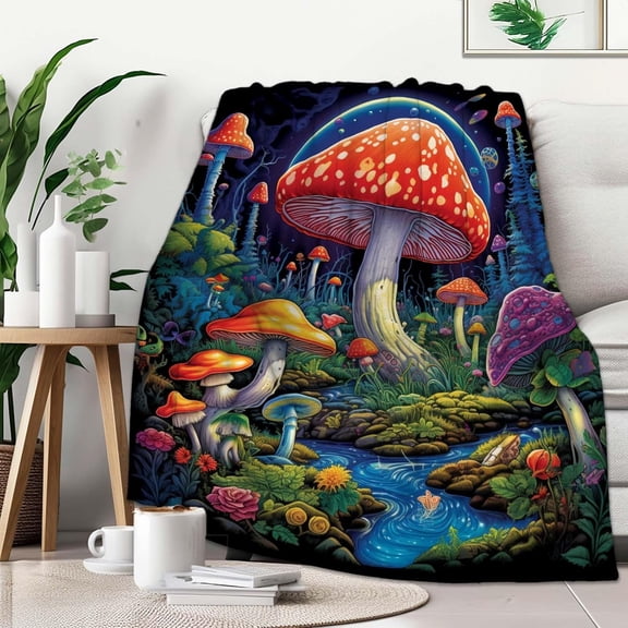 Mushroom Blanket Throw Gift for Men Women, Plush Hippie Mushroom Fleece Blanket for Decor, Fuzzy Flannel, 60x80 inches, 310 GSM, No Pilling, Single Sided Printed
