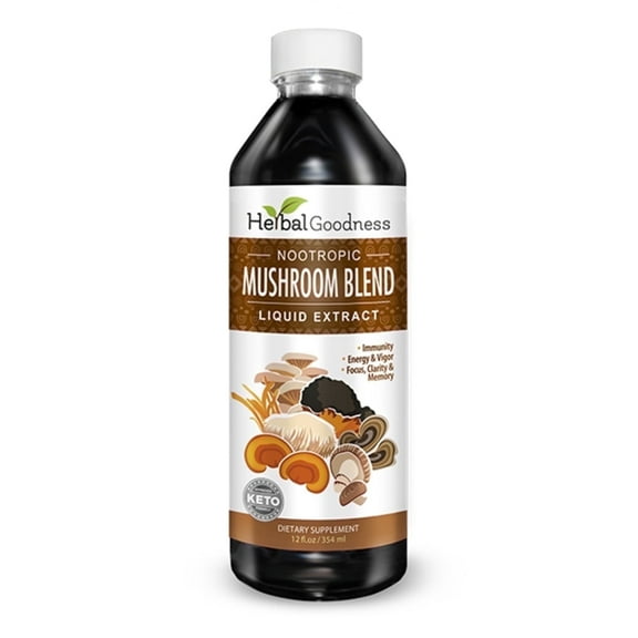 Mushroom Supplements Blends Liquid Extract 12fl.oz, Reishi, Chaga, Turkey Tails, Organic Lion's Mane, Nootropic Brain Supplements for Memory and Focus - Herbal Goodness