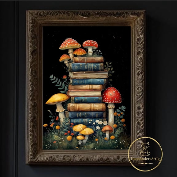 Mushroom Book Poster Whimsy Dark Academia Art Print Dark Print Mystic Autumn Wall Art Bookish Decor Dark Cottagecore Goblincore Witchy Gift Wall Art, Modern Wall Decor, 8x12 UNFRAMED