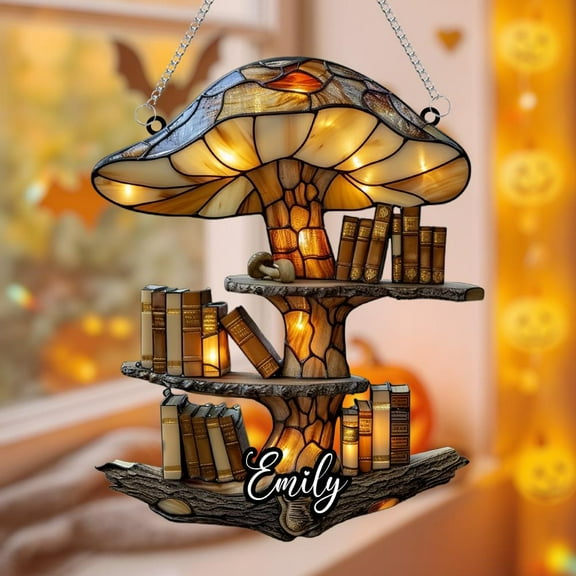 Mushroom Bookshelf Acrylic Suncatcher, Woodland Library Faux Stained Glass Window Hanging, Toadstool Book Nook Decor, Gift For Readers