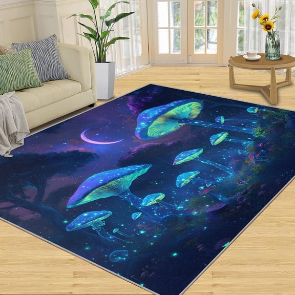 Mushroom Botanical Area Rug, Magical Forest Washable Rug, Non Slip Low Pile Carpet for Living Room Bedroom Home Decor 2x3ft