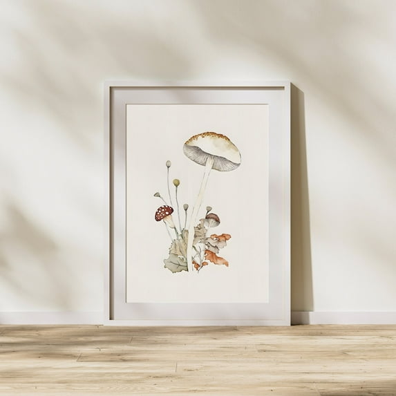 Mushroom Botanical Art Print, Folk Style Wall Decor Home Decor #1684, Stretched Canvas Size 16x24