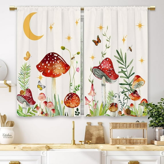 Mushroom Botanical Kitchen Curtains Flower Boho Floral Small Short Cafe Window Curtains Moon Star Butterfly Retro Rod Pocket Bathroom Drapes Treatment Tier Curtains 2 Panels (27.5x39 Inch)