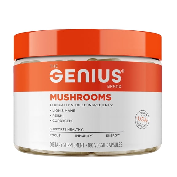 Genius Mushroom Supplement - Full-Spectrum Lion’s Mane, Cordyceps, Reishi -Daily Brain Nootropic for Energy, Focus, Memory & Overall Wellness - 180 Capsules – Organic for Mental Clarity & Performance