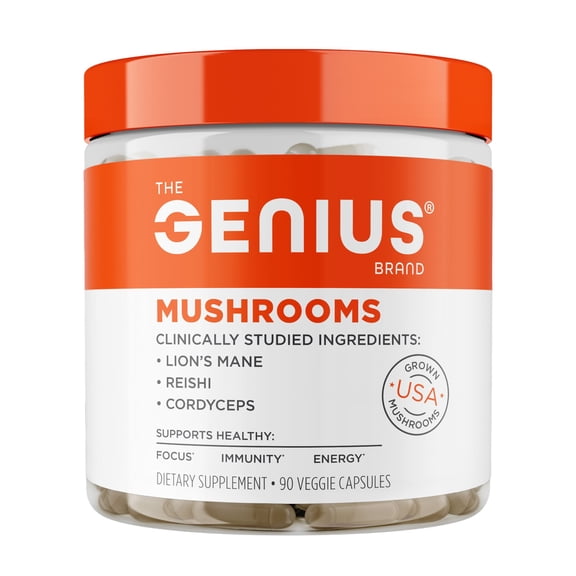 The Genius Brand Genius Mushrooms - Plant-Based Supplement for Immune, Focus & Energy Support - Lion's Mane, Cordyceps & Reishi - Organic & Non-GMO - 90 Veggie Capsules