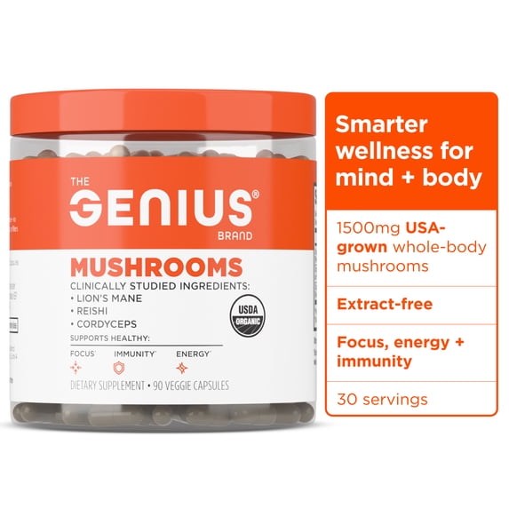 The Genius Brand Genius Mushrooms Nootropic Capsules for Focus, Energy & Brain Health with Lion’s Mane, Reishi, Cordyceps - 90 Count