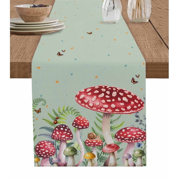 Mushroom Burlap Cotton Table Runner 13x36 Inches Short, Sage Green Butterfly Moon Eucalyptus Leaf Farmhouse Table Runners, Outdoor Dining Tablecloths Decor for Baby Shower/Party/Wedding