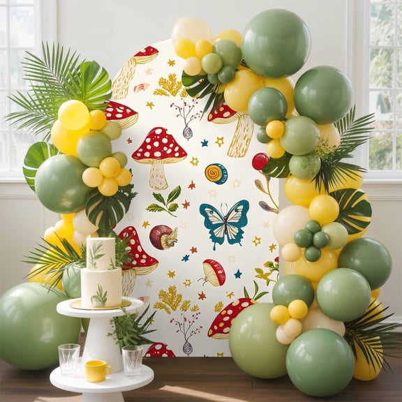 Mushroom Butterfly Arch Backdrop Cover, 6.6FT, Leaf Botanical Fairyland Plants Farm Spandex Arch Covers Double-Sided Backdrop for Wedding Birthday Party Photo Background Decoration