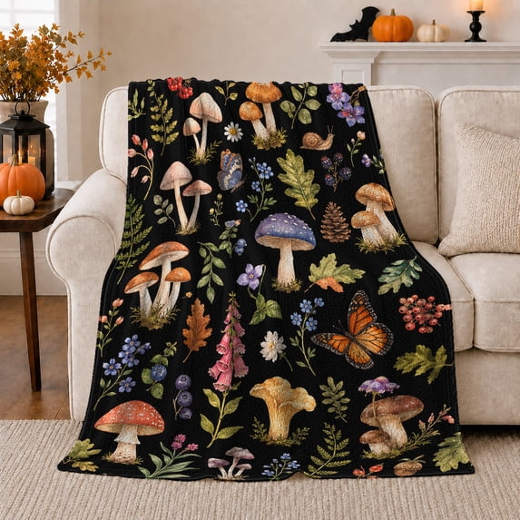 Mushroom Butterfly Botanical Collage Scene, Earthy Woodland Illustration Style for Nature Lovers, Berry Leaf Mushroom Theme and Housewarming Gift, Cozy Flannel Blanket, Home Decor