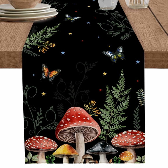 Mushroom Butterfly Leaves on Black Table Runner-70 Inch Long Watercolor Jungle Plant Table Runners Linen Burlap Tablerunner for Kitchen Dining Room Holiday Party