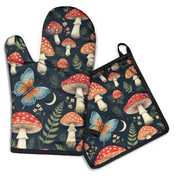 Mushroom Butterfly Pattern Kitchen Oven Mitt and Pot Holder Sets 2 Pcs for Baking, Cooking and Grilling, Heat Resistant Up To 392 °F