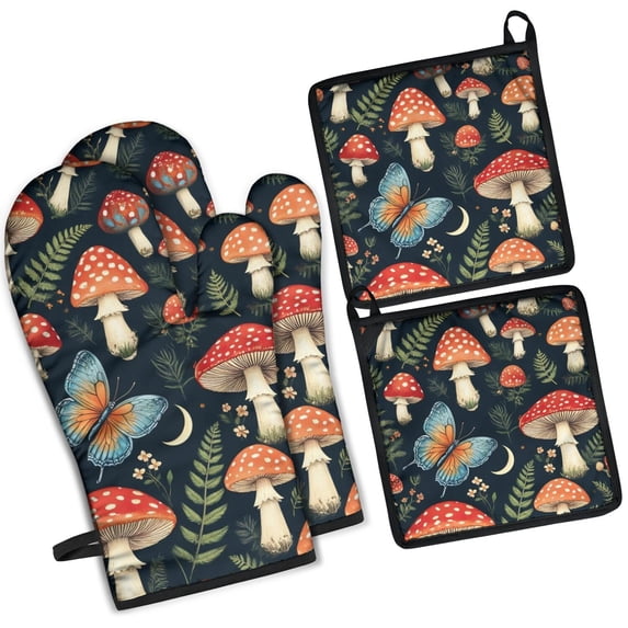 Mushroom Butterfly Pattern Kitchen Oven Mitt and Pot Holder Sets 4 Pcs for Baking, Cooking and Grilling, Heat Resistant Up To 392 °F