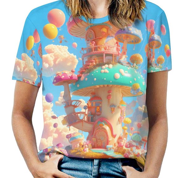 Mushroom Castle Dreamland T Shirts Basic T-Shirt Short Sleeve Ladies Tee Shirt Summer Graphic Clothing