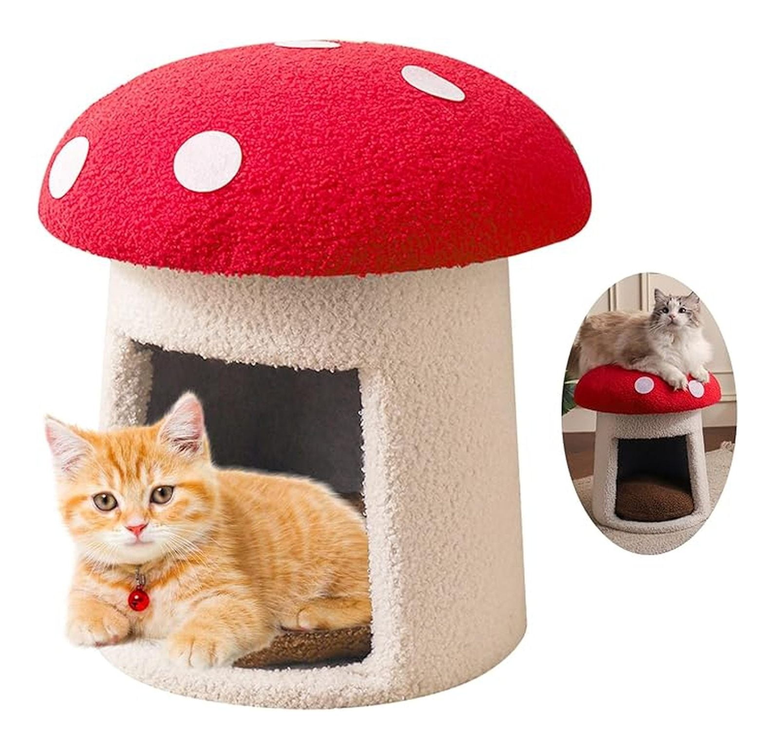 Mushroom Cat Bed for Indoor Cats, Cow Cat Cave - Soft Plush Pet House with Removable Cushion