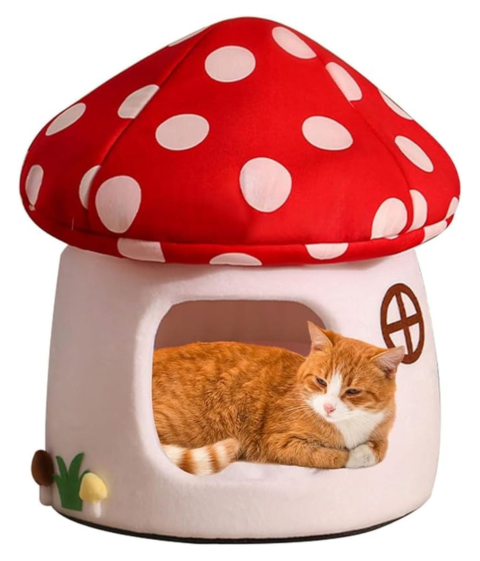 Mushroom Cat Bed for Indoor Cats & Small Dogs - Soft Plush Cave Bed with Removable Cushion, Cozy Pet Nest Tent - Red & White