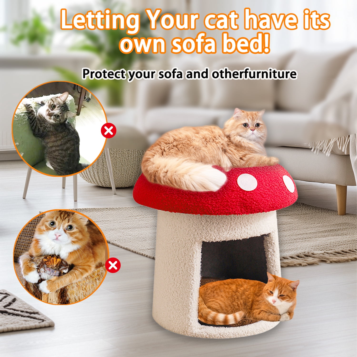 Mushroom Cat Bed (for Small and Medium Cats) - Extra Large 14.96 Inch Mushroom Head, Soft Plush with Cushion, Warm Pet House with Sisal Scratching Pad, Enclosed Cat Bed for Indoor Cats