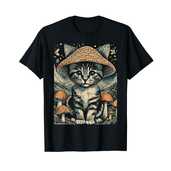 Mushroom Cat Cottagecore Aesthetic T-Shirt for Men Women Cotton Top Tee