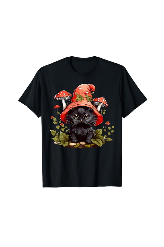 Mushroom Cat Cottagecore Aesthetic T-Shirt for Men Women Cotton Top Tee