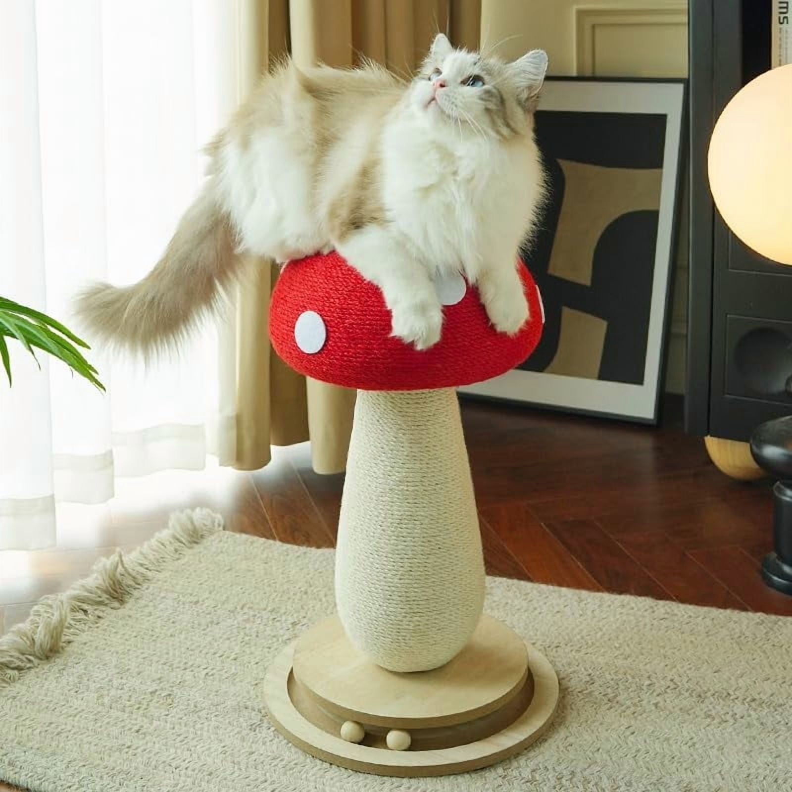Mushroom Cat Scratching Post for Indoor Cats, Cute Scratching Post with Durable Solid Wood Spinner Toy, Mushroom-Shaped Cat Toy and Sisal Scratching Post to Protect Your Furniture