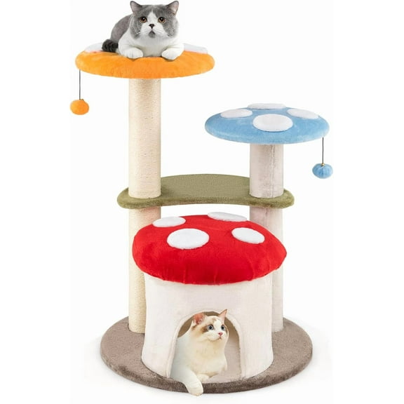 PETSITE Mushroom Cat Tree, Multi-Level Cute Cat Tree Tower with Sisal Scratching Posts, Cat Condo, Soft Plush Perches, and Dangling Toys for Indoor Cats (35 Inch)