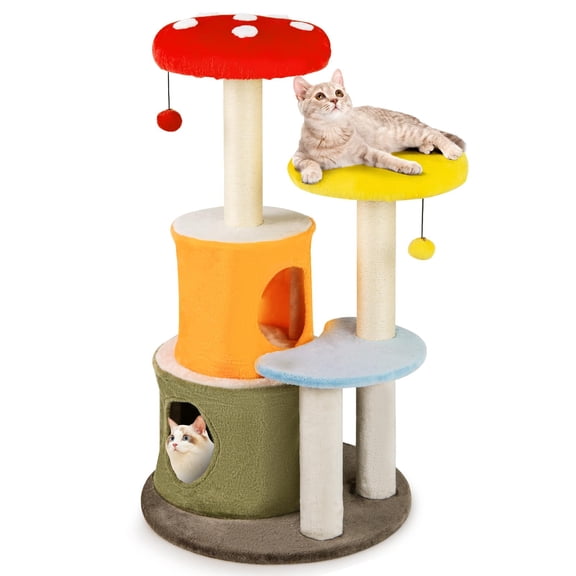 Mushroom Cat Tree, 43 Inch Multi Level Cat Tower With Sisal Scching Posts, Dual Cozy Condos, Padded Platforms, Dangling Balls For Indoor Cats, Modern Furniture For Living Room Bedroom, Multicolor