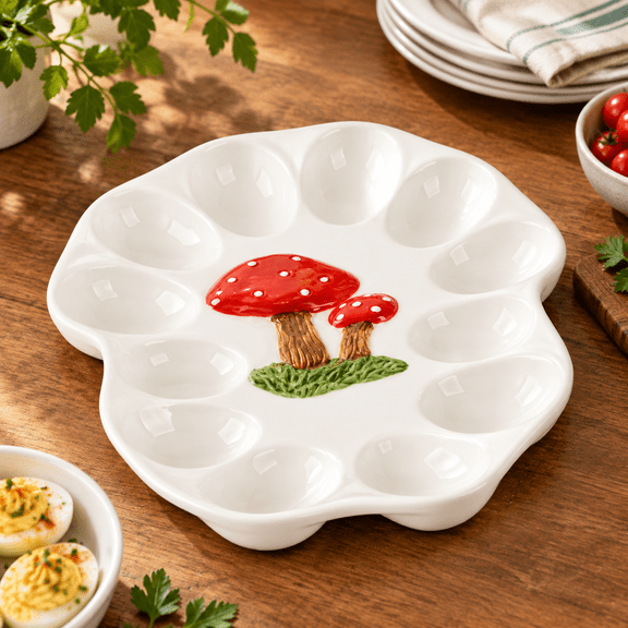 Mushroom Ceramic Deviled Egg Platter, 12 Slot Easter Serving Tray
