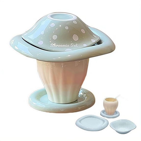 Mushroom Ceramic Tableware Set, Mushroom Fruit Bowl Ceramic Tableware, Cute Home Decor Mug, Handcrafted Bowl, Plate,Cup and Saucer for Everyday Dining - Green