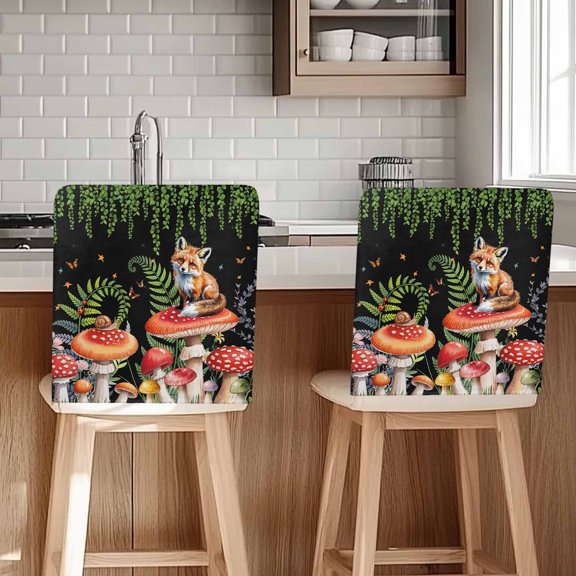 Mushroom Chair Back Cover for Dining Room Set of 6, Fox Botanical Leaf Green Black Butterfly Removable Kitchen Chair Slipcovers, Washable Seat Protector for Restaurant Party Banquet Wedding Décor