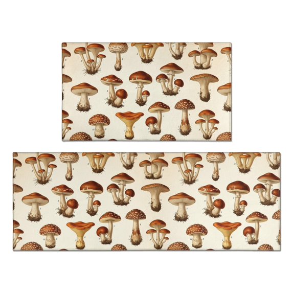 Mushroom and Chanterelle Cream Pattern Anti Fatigue Kitchen Rugs Set Of 2, Non Slip Washable Decorative Floor Mats for Kitchen Sink Laundry, 17"x30" and 17"x47"