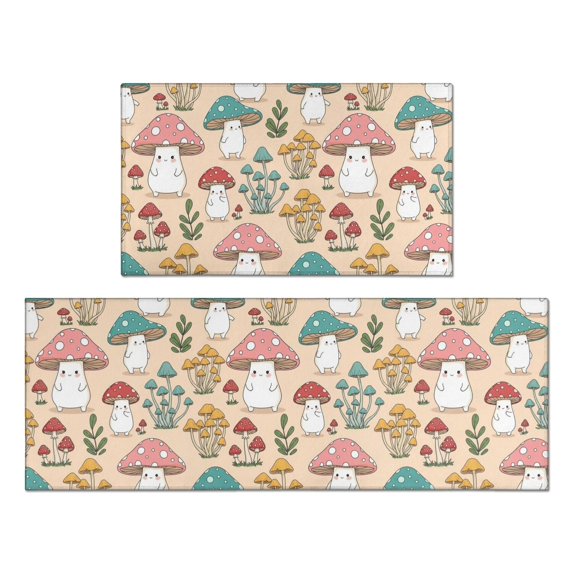 Mushroom and Character Beige Pattern Anti Fatigue Kitchen Rugs Set Of 2, Non Slip Washable Decorative Floor Mats for Kitchen Sink Laundry, 17"x30" and 17"x47"