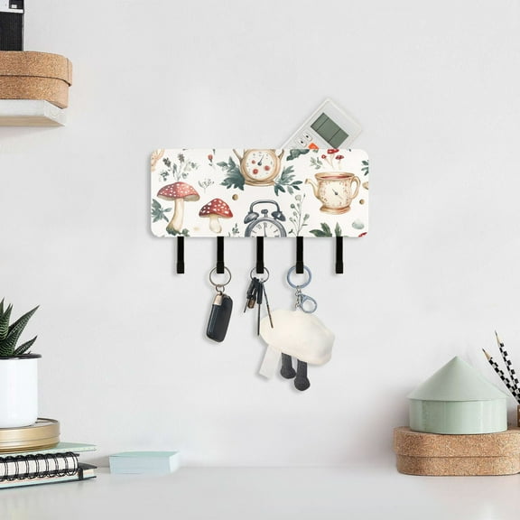 Mushroom Clock Cups Key Holder for Wall Mail Holder Organizer with 5 Key Hooks Wall Mount Key Rack with Shelf